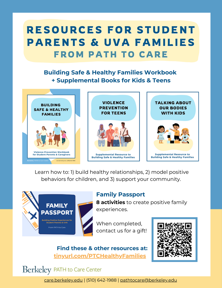 PATH to Care flyer for resources for Student Parents and UVA Families: Building Safe and Healthy Families; Violence Prevention for Teens; Talking About Our Bodies with Kids; and the Family Passport