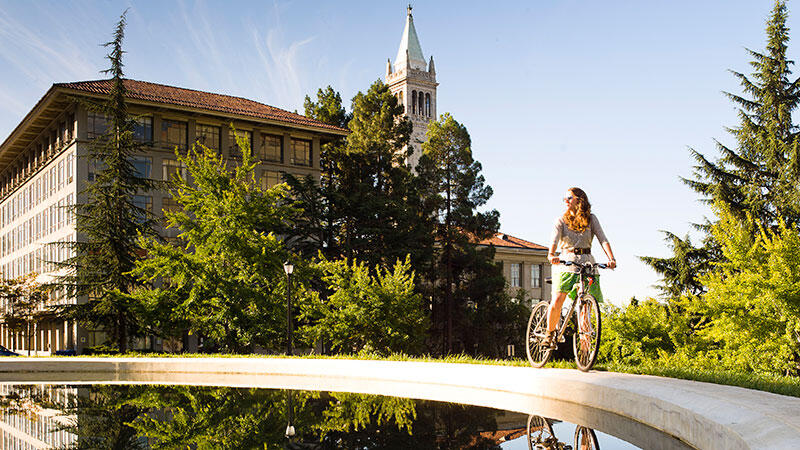 A person on a bicycle looks out at their surroundings on campus